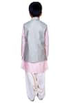 Shop_Kirti Agarwal - Pret N Couture_Peach Chanderi Silk, Cotton Foil Printing Kurta With Jacket And Salwar _at_Aza_Fashions