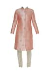 Buy_Kommal Sood_Peach Raw Silk Embroidered Beads Sherwani With Stole  _Online_at_Aza_Fashions