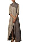 Buy_Priyam Narayan_Grey Cotton Embroidered Thread Round Neck Block Print Maxi Dress  _at_Aza_Fashions