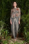 Buy_Sahil Kochhar_Grey Mandarin Collar Organza Jacket And Silk Dhoti Pant Set  _at_Aza_Fashions