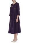 Aalyxir_Purple Linen Embroidered Beads Notched Round Midi Dress With Dragonfly Motif_Online_at_Aza_Fashions