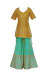 Buy_Vandana Sethi_Yellow Raw Silk Cutdana, Beads Round Sequin Embroidered Kurta And Sharara Set_Online_at_Aza_Fashions