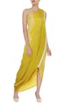 Buy_Divya Kanakia_Yellow One Shoulder Cowl Dress_at_Aza_Fashions