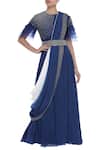 Buy_Eclat By Prerika Jalan_Blue Chanderi Silk Embroidered Beads Mandarin Top With Skirt And Drape _at_Aza_Fashions