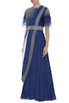 Eclat By Prerika Jalan_Blue Chanderi Silk Embroidered Beads Mandarin Top With Skirt And Drape _Online_at_Aza_Fashions