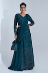 Buy_suruchi parakh_Green Tussar Silk And Georgette Crepe Lining Jacket & Pre-draped Saree Set_at_Aza_Fashions