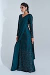 suruchi parakh_Green Tussar Silk And Georgette Crepe Lining Jacket & Pre-draped Saree Set_Online_at_Aza_Fashions