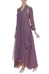 Buy_Zeel Doshi_Wine Georgette Embroidery Sequin Notched Gathered Drape Tunic With _at_Aza_Fashions
