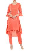 Buy Soup By Sougat Paul Peach Chanderi, Cotton Silk Asymmetric Kurta With Printed Jacket And Pants Online at Aza Fashions Buy_Soup By Sougat Paul_Peach Chanderi, Cotton Silk Asymmetric Kurta With Printed Jacket And Pants_Online_at_Aza_Fashions