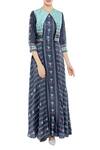Buy_Soup By Sougat Paul_Blue Silk Cutdana, Beads Mandarin Printed Long Flared Kurta With Short Jacket _at_Aza_Fashions