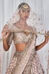 Dolly J_Peach Silk, Net Embroidery, Beads V-neck Magnolia Raw Bridal Lehenga Set _Online_at_Aza_Fashions