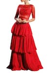 Buy_Mahima Mahajan_Red Georgette Embroidered Sequins Round Sheer Bodysuit With Tier Lehenga Skirt_at_Aza_Fashions