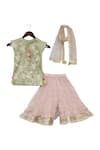 Fayon Kids_Green Net, Silk Embroidery, Sequins Floral Kurta And Sharara Set _Online_at_Aza_Fashions