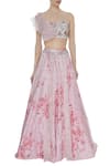 Shop_Mani Bhatia_Pink Silk And Net Printed Rose Lehenga & Embroidered Ruffled Blouse With Dupatta _Online_at_Aza_Fashions