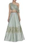 Shop_Mani Bhatia_Green Dupion Silk And Sequin Lehenga Set With One Shoulder Blouse & Attached Drape _Online_at_Aza_Fashions