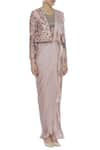 Mani Bhatia_Pink Satin And Soft Net Embroidered Floral Ruffled Pre Draped Saree With Jacket _Online_at_Aza_Fashions