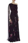 Mani Bhatia_Maroon Crepe And Soft Net Printed & Embroidered Floral Motifs Jumpsuit With Drape _Online_at_Aza_Fashions