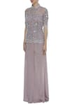 Buy_Mani Bhatia_Purple Satin And Soft Net Embroidered Cutdana Mandarin Fringe Jacket With Pants _Online_at_Aza_Fashions
