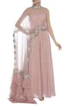 Buy_Mani Bhatia_Pink Jumpsuit Sweetheart Cape High Neck With Asymmetric Embroidered _at_Aza_Fashions