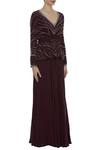 Mani Bhatia_Maroon Crepe Embroidered Sequin Leaf Neck Peplum Top With Draped Skirt _Online_at_Aza_Fashions
