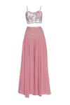 Shop_Mani Bhatia_Pink Crepe Embroidered Cutdana Rose Print Crop Top With Palazzo Pants And Cape _Online_at_Aza_Fashions