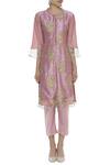 Shop_Manasi Sengupta_Pink Raw Silk Printed Mandarin Front Slit Embroidered Short Kurta Set  _Online_at_Aza_Fashions