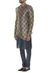 Manish Nagdeo_Grey Mandarin Collared Sherwani With Kurta And Pyjama_Online_at_Aza_Fashions