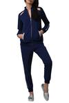 Buy_Manika Nanda_Blue Heavy Spandex Crepe Floral, Beads Round Striped Cut Out Track Suit _at_Aza_Fashions