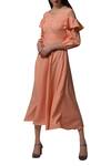 Buy_Manika Nanda_Peach Moss Crepe Leaf Neck Cold Shoulder Midi Dress _at_Aza_Fashions