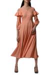 Buy_Manika Nanda_Peach Moss Crepe Leaf Neck Cold Shoulder Midi Dress _Online_at_Aza_Fashions
