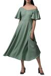 Buy_Manika Nanda_Green Heavy Moss Crepe Floral, Beads Off Shoulder Flared Sleeves Midi Dress _at_Aza_Fashions
