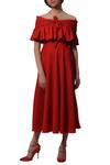 Buy_Manika Nanda_Red Heavy Moss Crepe Floral, Beads Round Off Shoulder Midi Dress _at_Aza_Fashions