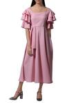 Buy_Manika Nanda_Pink Heavy Moss Crepe Floral, Beads Round Layered Sleeves Midi Dress _at_Aza_Fashions