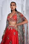 Dolly J_Red Organza And Satin Embroidery Zardozi V Jazz Printed Cape Lehenga Set  _Online_at_Aza_Fashions