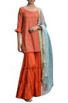 Buy_Seema Nanda_Orange Cotton Embroidery Round Neck Block Print Kurta Sharara Set _at_Aza_Fashions