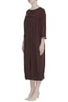 Bohame_Brown Linen Solid Round Midi Dress _Online_at_Aza_Fashions