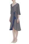 Buy_Bohame_Blue Linen V Neck Wrap Dress With Frill Detail _Online_at_Aza_Fashions