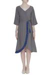 Shop_Bohame_Blue Linen V Neck Wrap Dress With Frill Detail _Online_at_Aza_Fashions