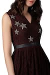 Shahin Mannan_Maroon Cotton Lace Embroidered Star Motifs V Neck Embellished Dress  _Online_at_Aza_Fashions