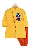 Buy_Minikin_Yellow Cotton, Linen Embroidery Overlap Owl Motif Kurta With Churidaar_at_Aza_Fashions
