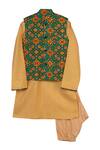 Buy_Minikin_Yellow Cotton, Silk Embroidery, Patola Print Jacket With Kurta And Churidaar_at_Aza_Fashions