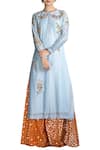 Buy_Joy Mitra_Blue Chanderi Silk Embroidered Long Kurta Lehenga Set _at_Aza_Fashions