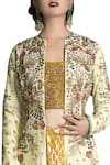 Shop_Joy Mitra_Yellow Chanderi Silk Embroidered Jacket Lehenga Set _at_Aza_Fashions