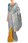 Latha Puttanna_Blue Raw Silk Embroidery Round Neck Threadwork Saree With Blouse  _Online_at_Aza_Fashions