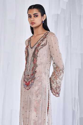 Dolly J_Ivory Chiffon Embroidery, Zari V-neck Ariana Kamdani Kurta And Pant Set _Online_at_Aza_Fashions