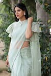 Shop_House Of Tushaom_Green Organza Embroidery Sequin Spread Collar Pre-draped Saree With Blouse _Online_at_Aza_Fashions