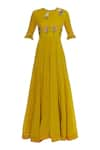 Buy_Desert Shine by Sulochana Jangir_Yellow Handloom Linen Embroidered Bead Round Buta Maxi Dress  _Online_at_Aza_Fashions