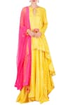 Buy_Nikasha_Yellow Crepe Printed Lotus Foil Round Asymmetric Kurta With Lehenga And Dupatta _at_Aza_Fashions