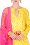 Nikasha_Yellow Crepe Printed Lotus Foil Round Asymmetric Kurta With Lehenga And Dupatta _Online_at_Aza_Fashions