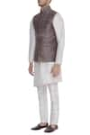 Mitesh Lodha_Brown Raw Silk Plain Striped Bundi  _Online_at_Aza_Fashions